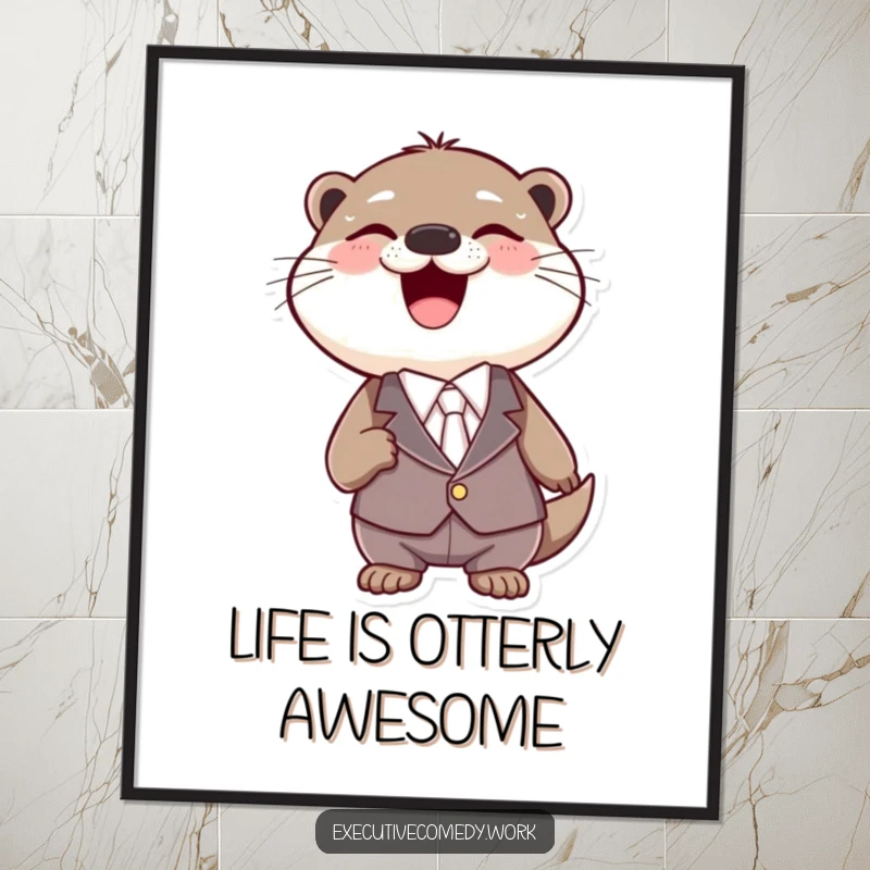 Funny Free Printable Wall Art: A joyous otter wearing a tiny suit is captured mid-laugh, radiating happiness.