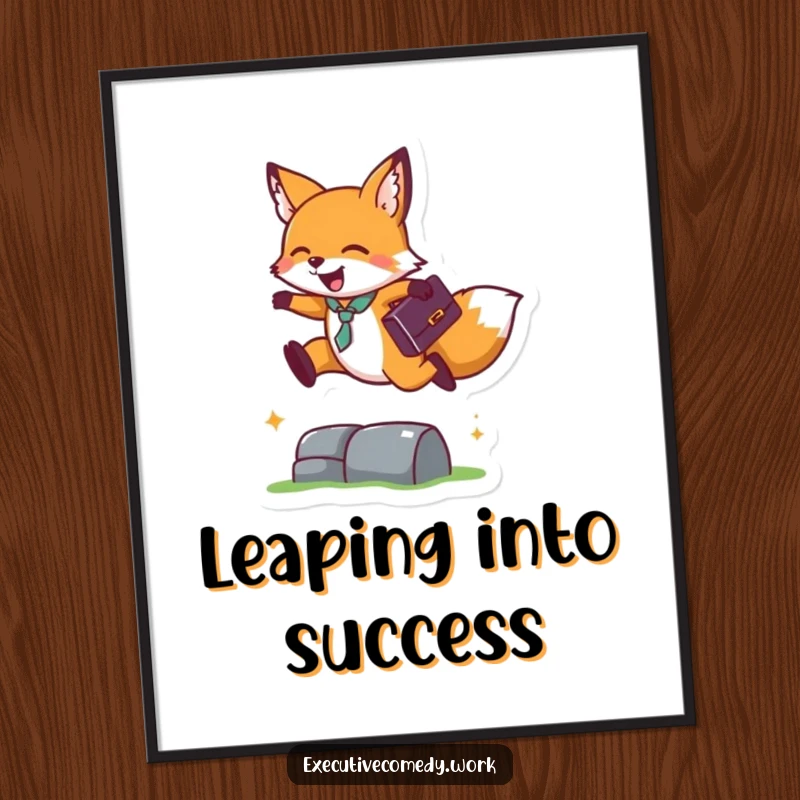 Funny Free Printable Wall Art: Happy fox with briefcase leaps over an obstacle, embodying success and ambition.