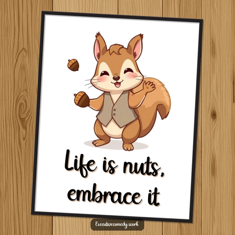 Funny Free Printable Wall Art: A busy squirrel in a waistcoat is skillfully juggling multiple acorns with a playful expression.
