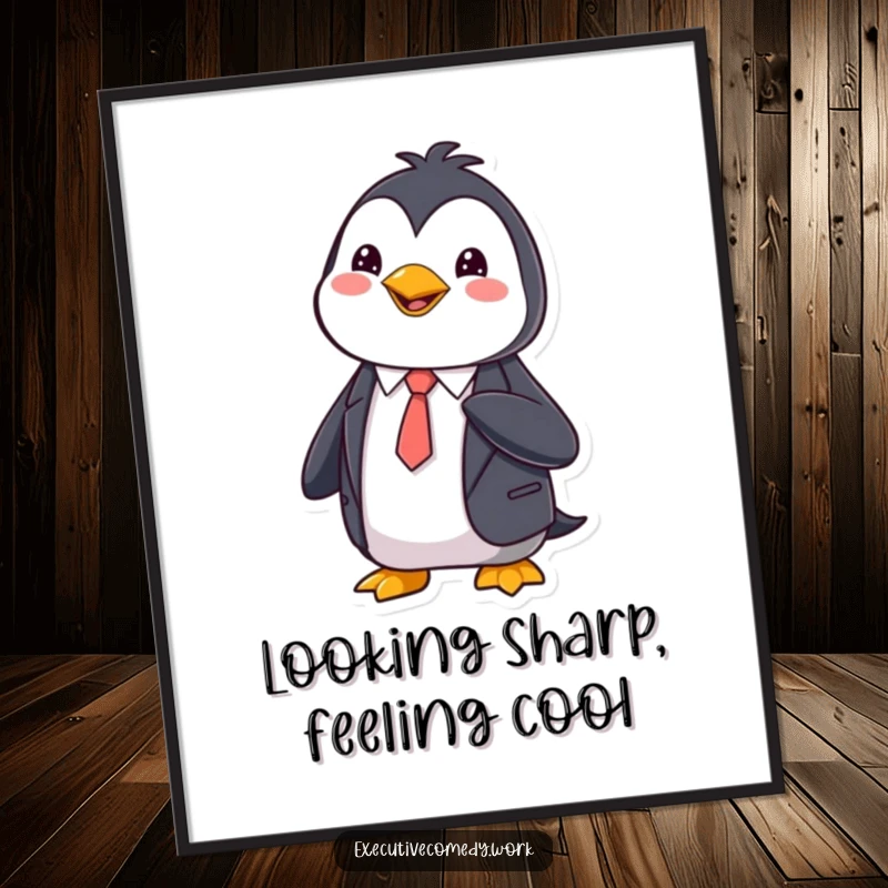 Funny Free Printable Wall Art: A happy penguin dressed in a sharp suit, meticulously adjusting its tie.