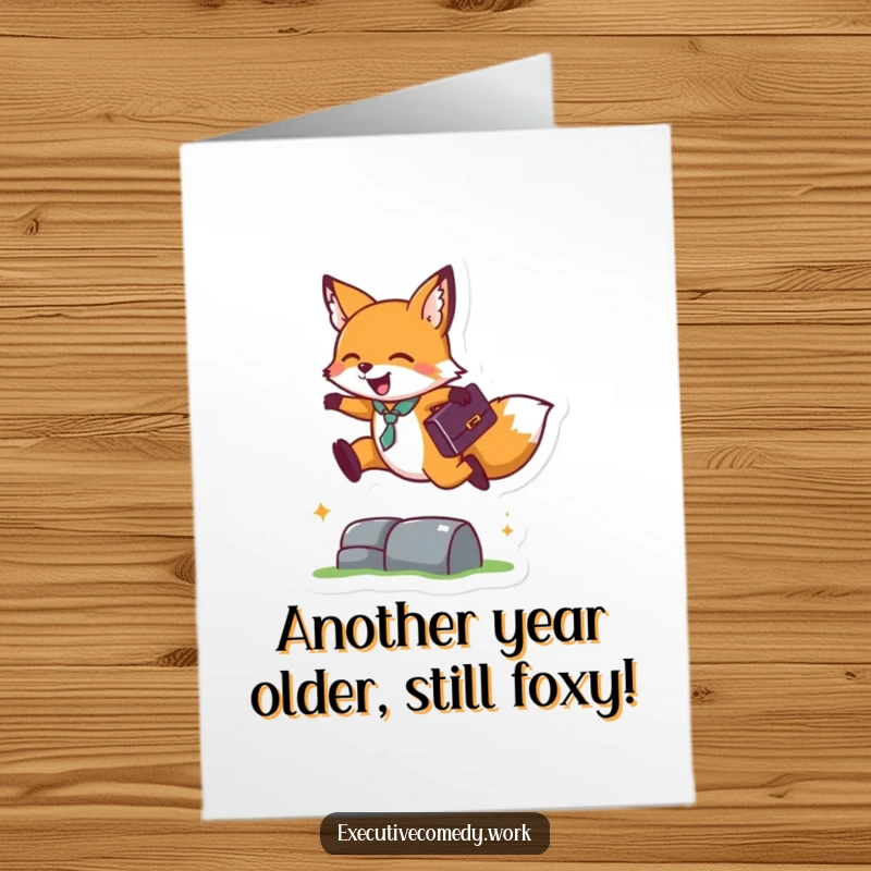 Funny Free Printable Birthday Card: Happy fox with briefcase leaps energetically over a small obstacle, full of cheer.