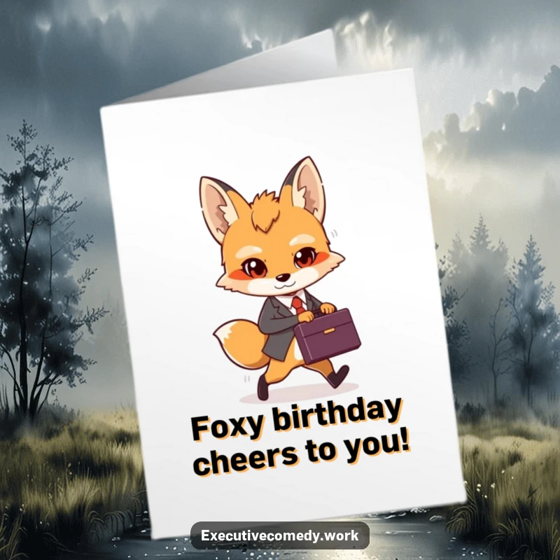 Funny Free Printable Birthday Card: A confident fox cub in a suit strides purposefully, holding a briefcase for a birthday wish.