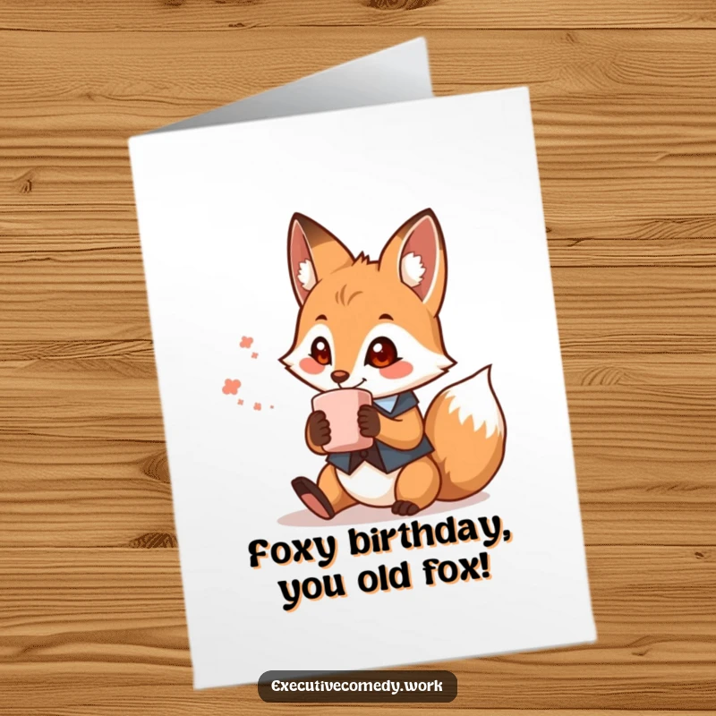 Funny Free Printable Birthday Card: Playful fox in waistcoat sips coffee, ready to celebrate with a laugh.