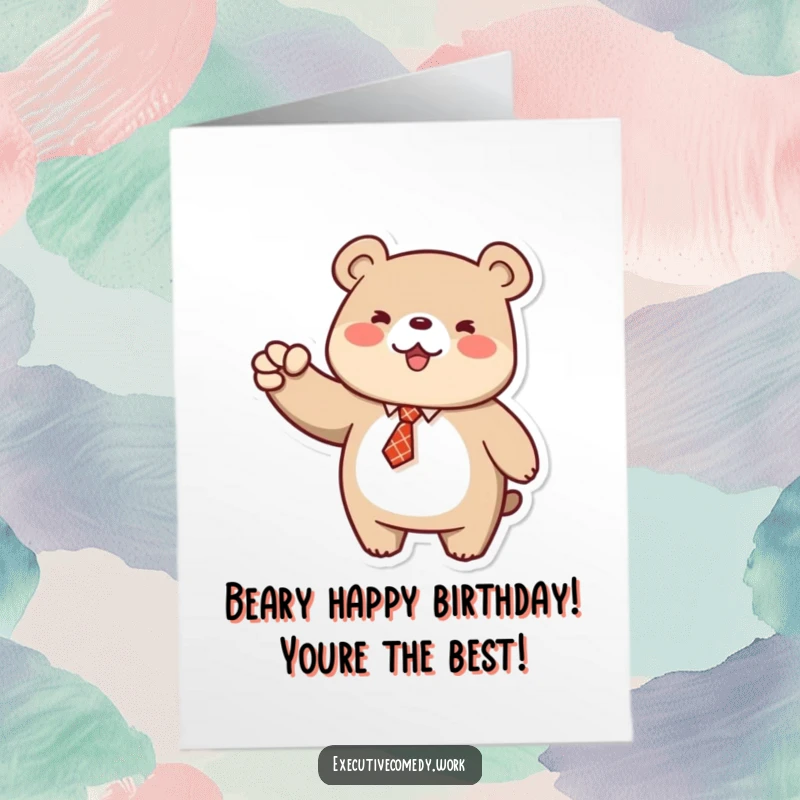 Funny Free Printable Bear Birthday Card: Cheerful bear in a tiny tie pumps fist in air, celebrating like a boss.