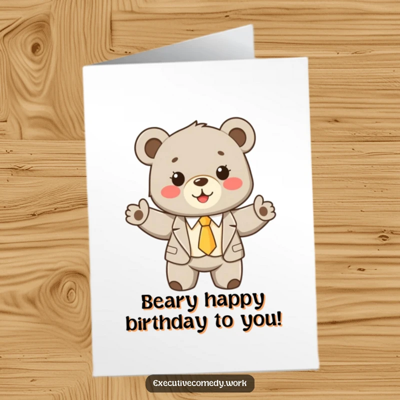 Funny Free Printable Birthday Card: A cute bear cub in a suit excitedly presents a gift, ready to celebrate.