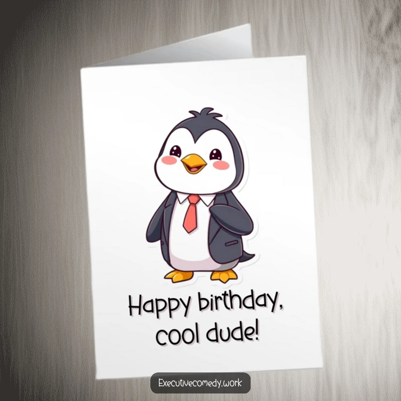 Funny Free Printable Birthday Card: Happy penguin in a sharp suit adjusting its tie, celebrating a birthday.