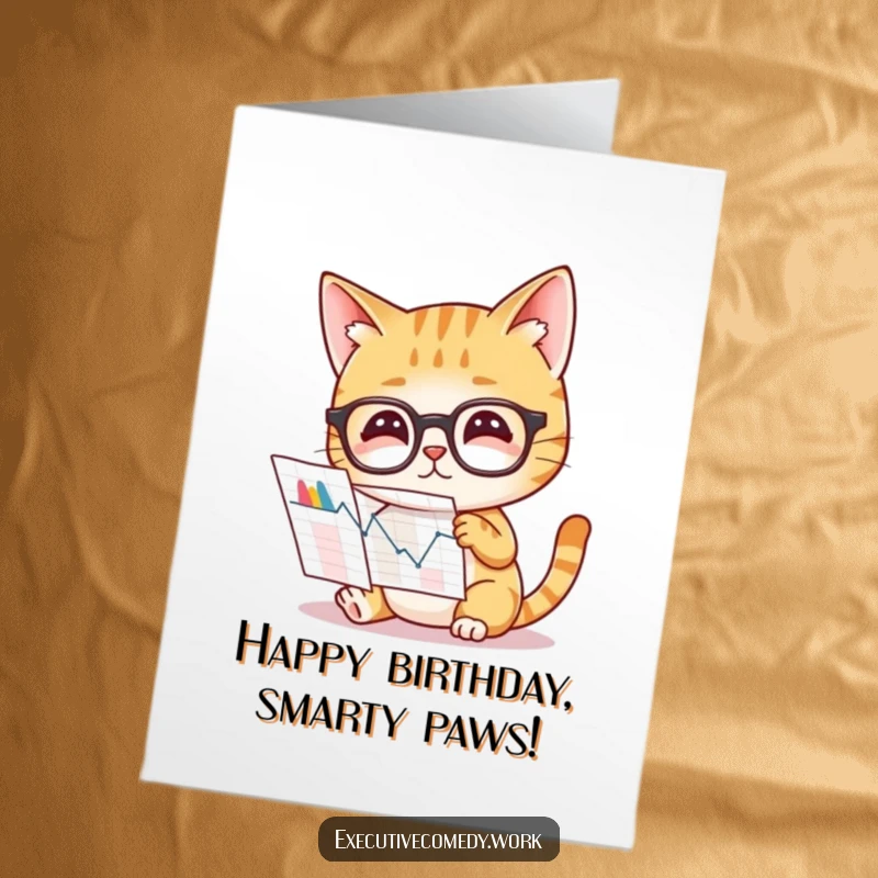Funny Free Printable Birthday Card: Curious cat wearing glasses studies a complex graph, looking brilliant on a birthday.