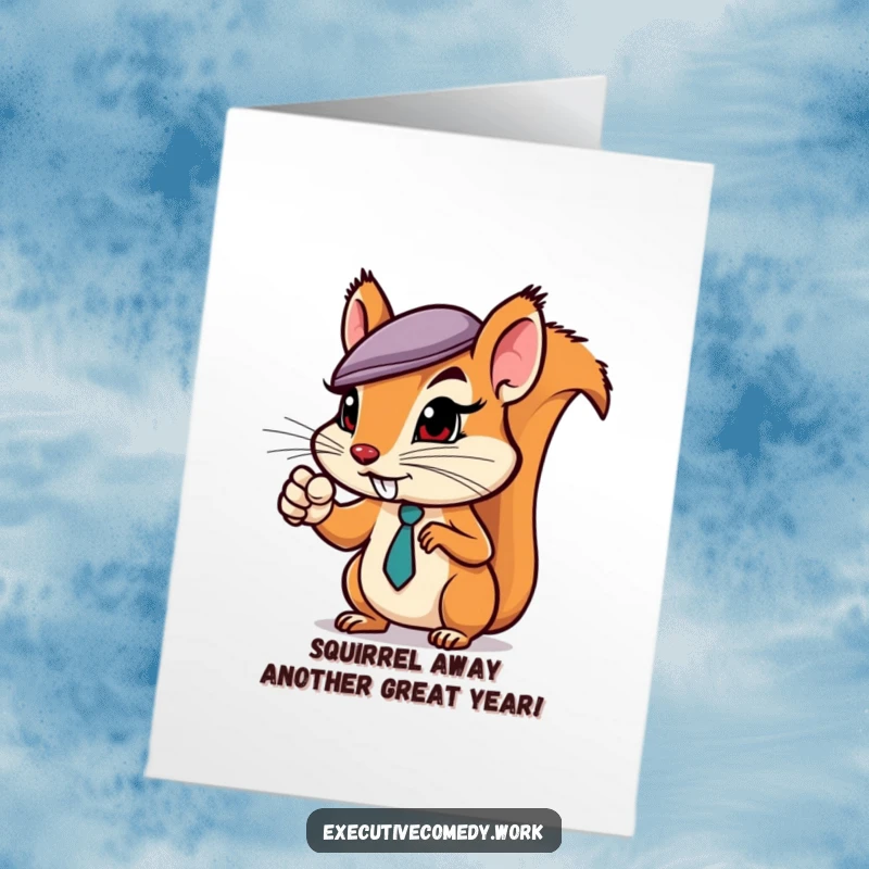 Funny Free Printable Birthday Card: Determined squirrel sporting a business hat points assertively, ready to celebrate your big day.