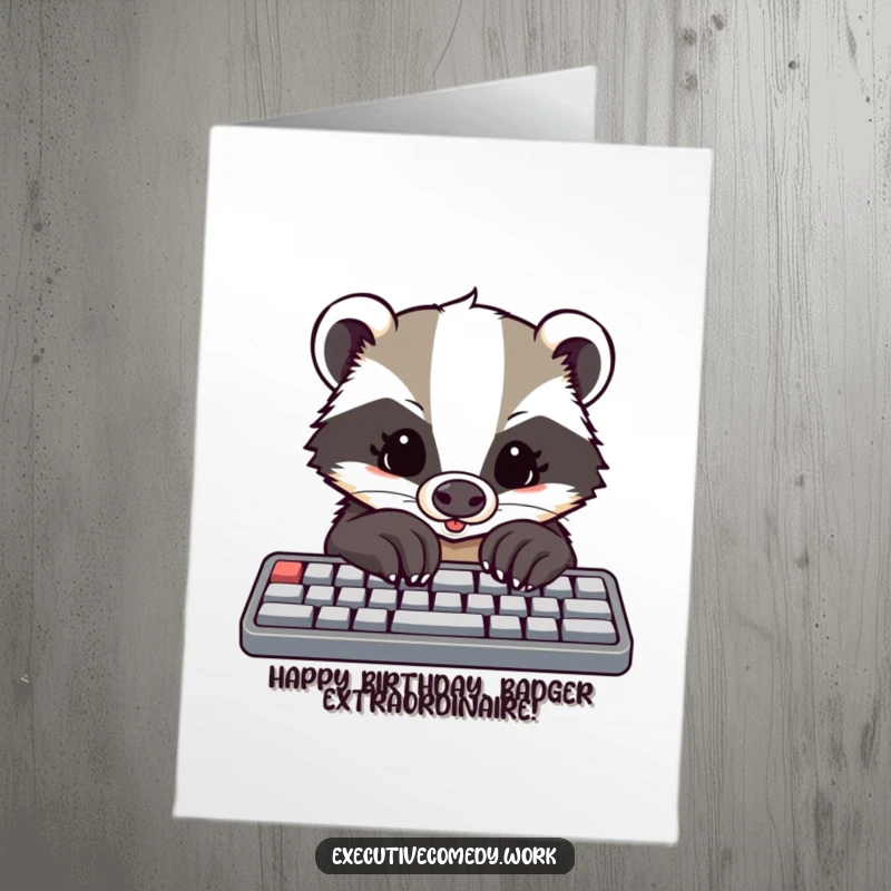 Funny Free Printable Birthday Card: Determined badger with large paws excitedly taps on a keyboard, celebrating.