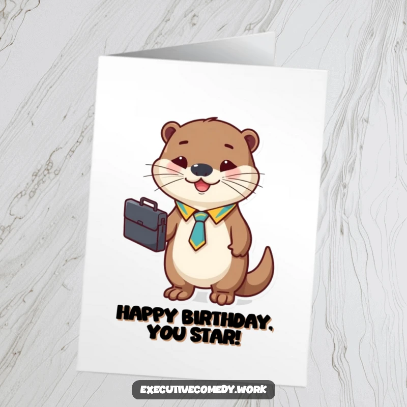 Funny Free Printable Birthday Card: A cheerful otter in a tie holding a briefcase, ready for a birthday celebration.