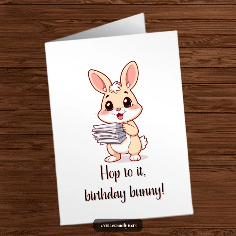 Funny Free Printable Birthday Card: Energetic rabbit clutches papers with focus, ready to celebrate another year of achievements.