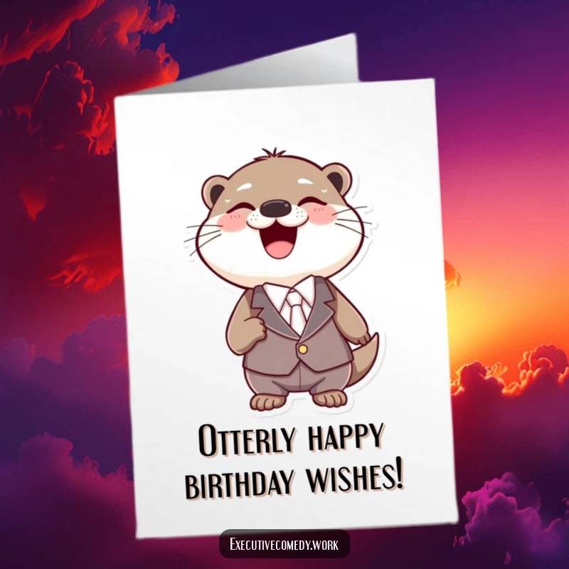 Funny Free Printable Birthday Card: A joyful otter dressed in a suit is laughing uncontrollably, spreading birthday cheer.