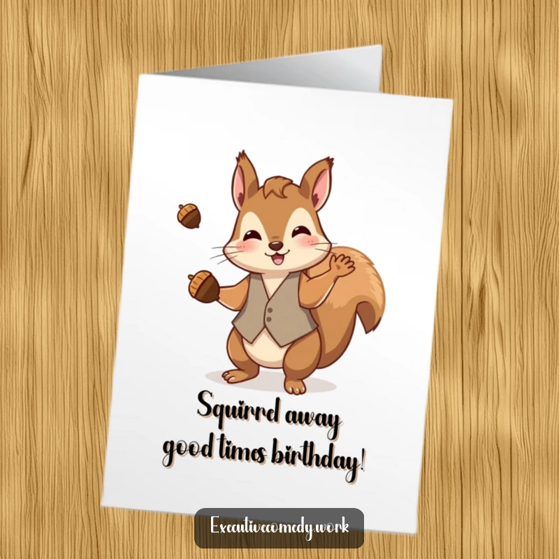 Funny Free Printable Birthday Card: A happy squirrel in a waistcoat juggles acorns, wishing a joyful birthday.