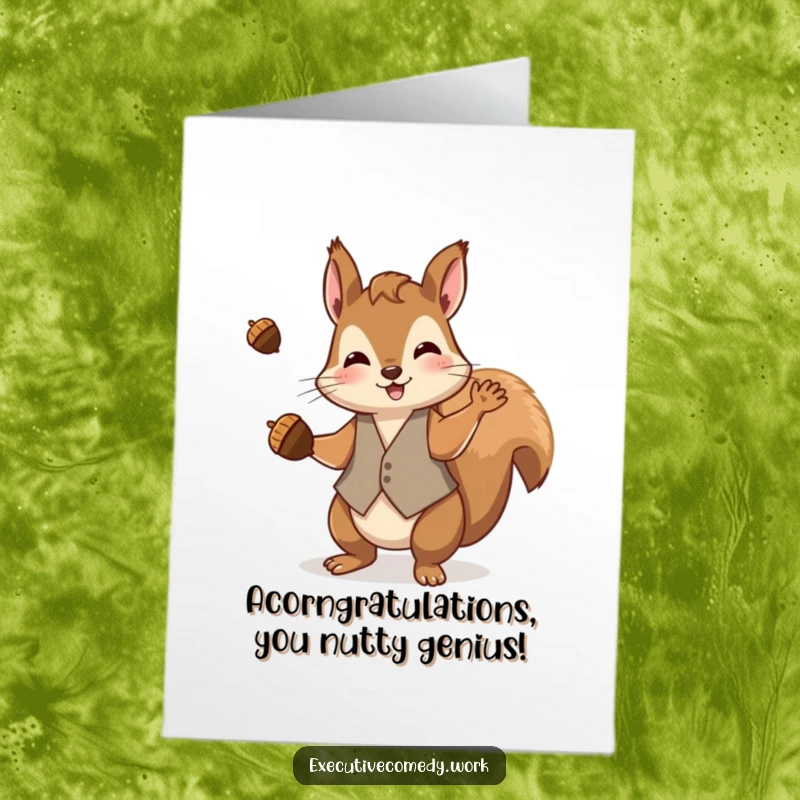 Funny Free Printable Congrats Card: A cheerful squirrel in fancy attire juggles acorns, celebrating success.