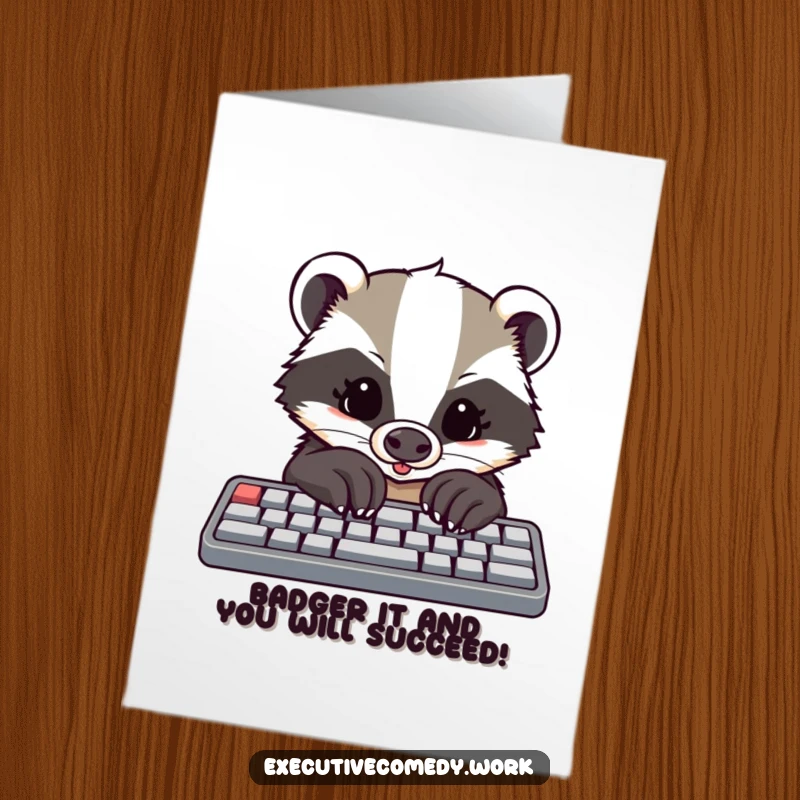 Funny Free Printable Congratulations Card: Determined badger with large paws excitedly taps on keyboard, signifying success.
