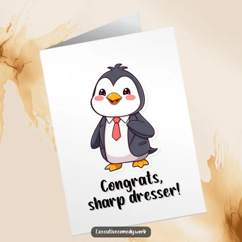 Funny Free Printable Congratulations Card: A penguin in a sharp suit adjusting its tie, celebrating success.