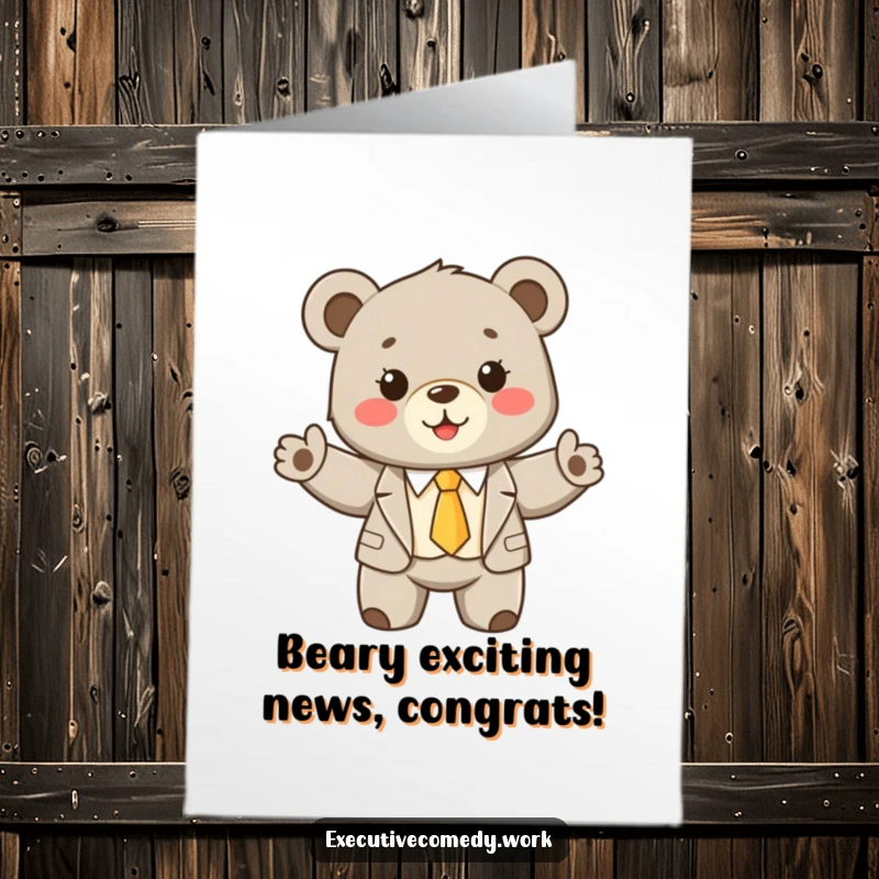 Funny Free Printable Congrats Card: A dapper bear cub in a suit enthusiastically congratulates, celebrating success.