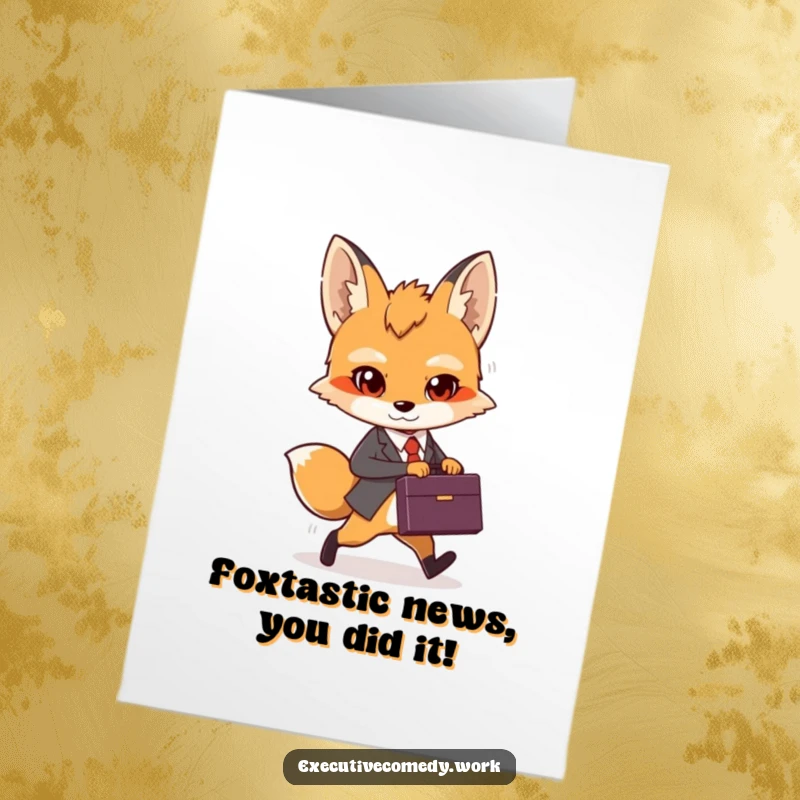 Funny Free Printable Congrats Card: A determined fox cub with a briefcase confidently marches, celebrating a promotion.
