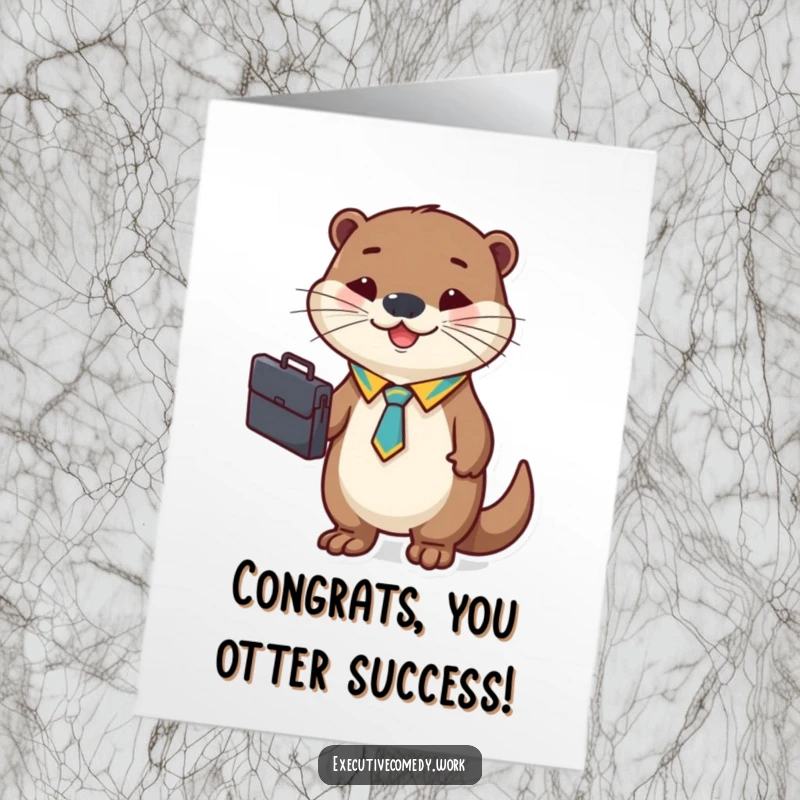Funny Free Printable Congratulations Card: A cheerful otter in a tie holding a briefcase, celebrating business success.