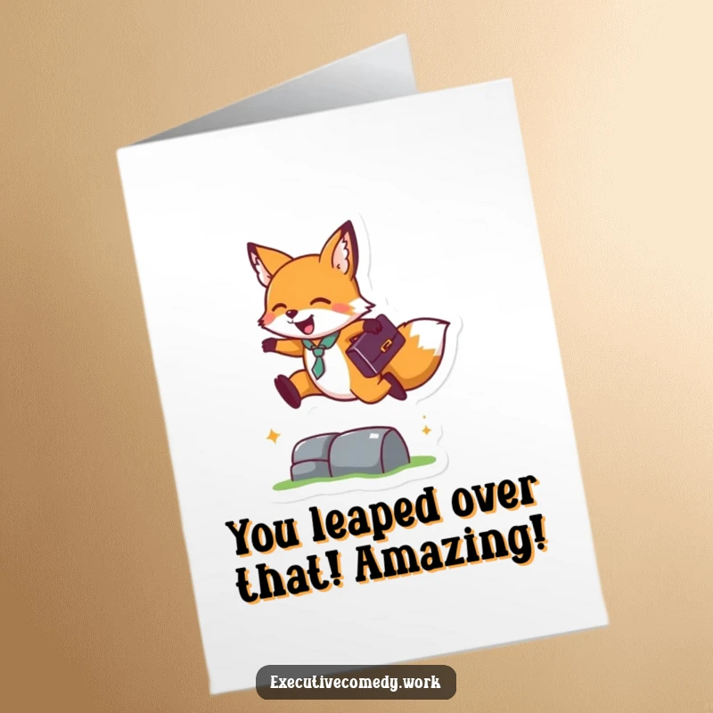Funny Free Printable Congratulations Card: Happy fox with briefcase leaps over an obstacle, signifying overcoming challenges.