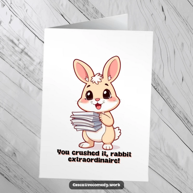 Funny Free Printable Congratulations Card: Rabbit focused on a stack of papers, acknowledging your organized success with a nod.