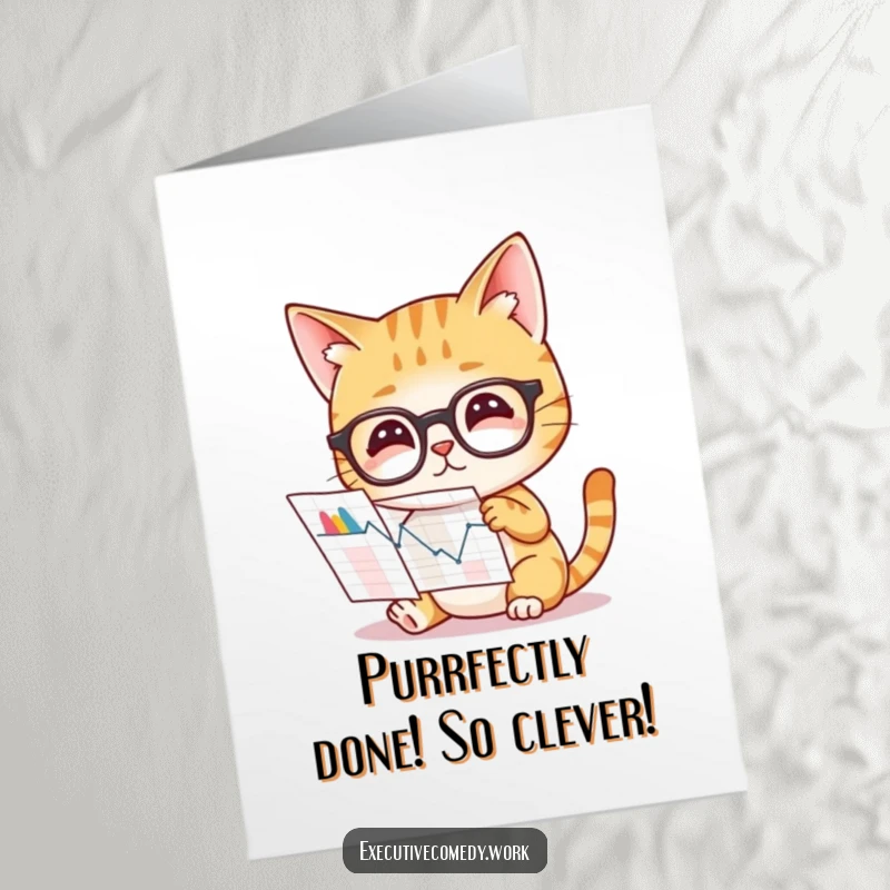 Funny Free Printable Congratulations Card: Curious cat wearing glasses studies a complex graph, symbolizing insightful success.