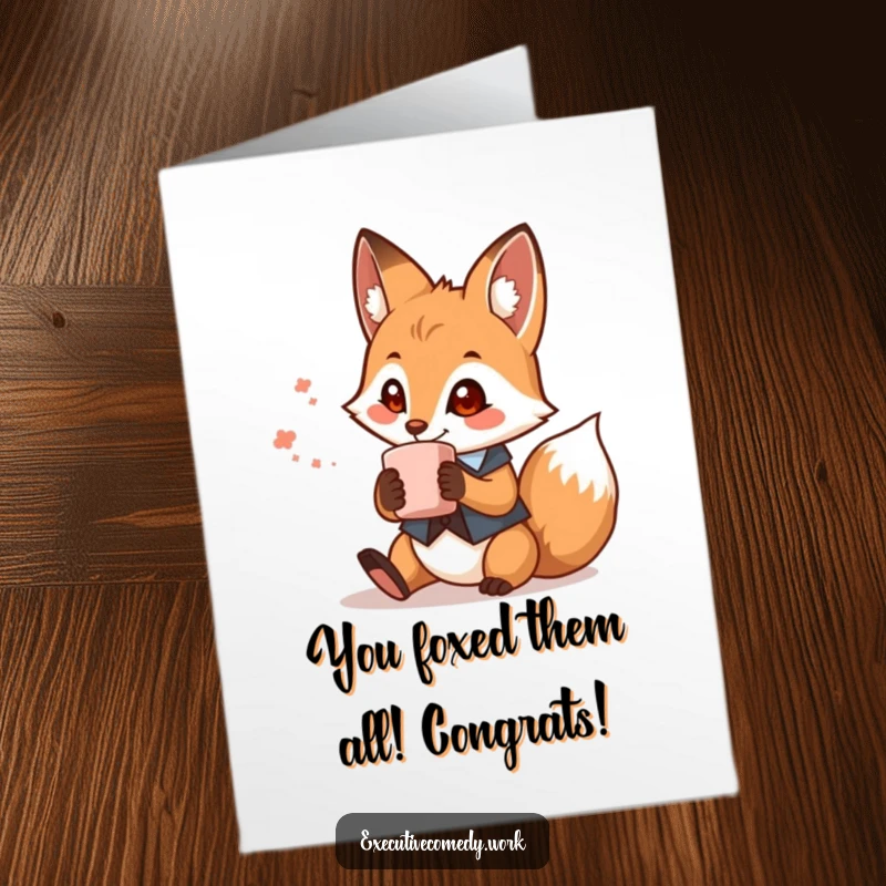 Funny Free Printable Congratulations Card: Dapper fox in waistcoat holds coffee, toasting your success with a chuckle.