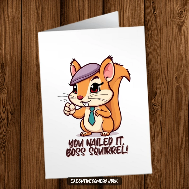 Funny Free Printable Congratulations Card: Assertive squirrel in a tiny business hat points the way to success, celebrating your win.
