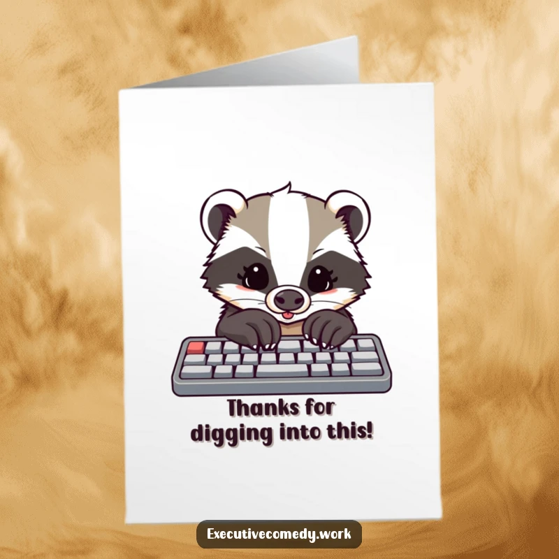 Funny Free Printable Thank You Card: Determined badger with large paws excitedly taps on keyboard, sending thanks.