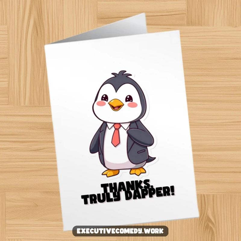 Funny Free Printable Thank You Card: A penguin in a sharp suit adjusting its tie, conveying thanks.