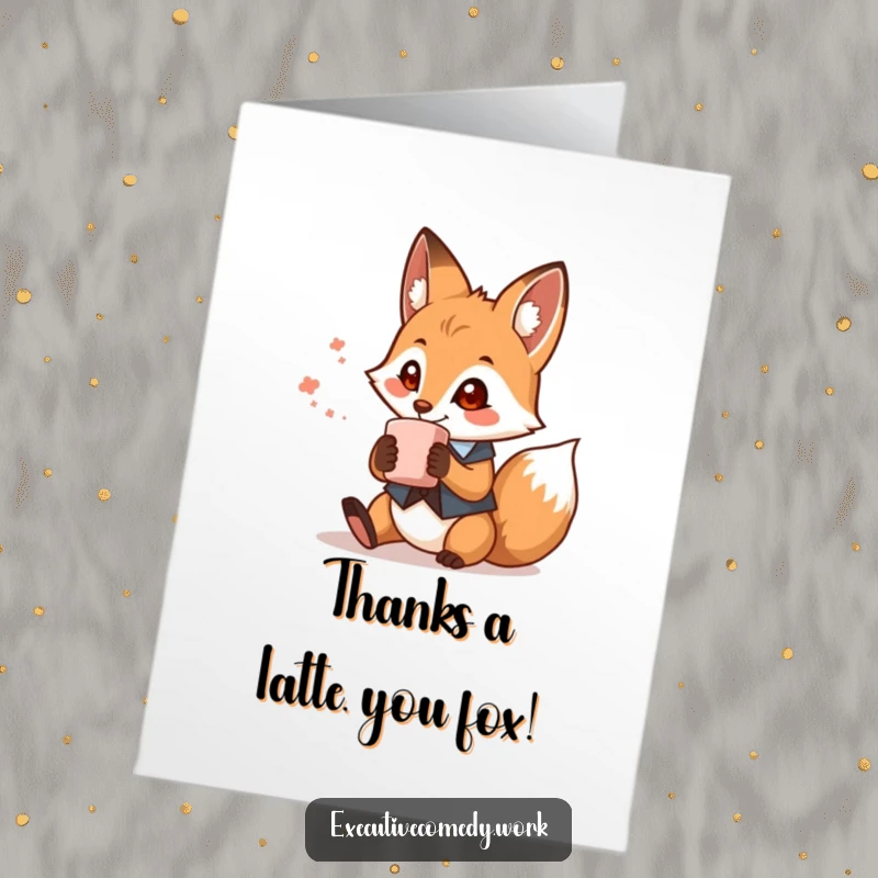 Funny Free Printable Thank You Card: Playful fox in waistcoat holds coffee, expressing thanks with a warm smile.