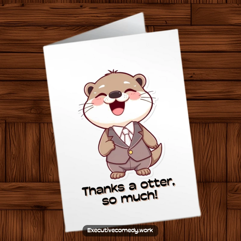 Funny Free Printable Thank You Card: A happy otter in a suit is laughing heartily, conveying warm thanks.