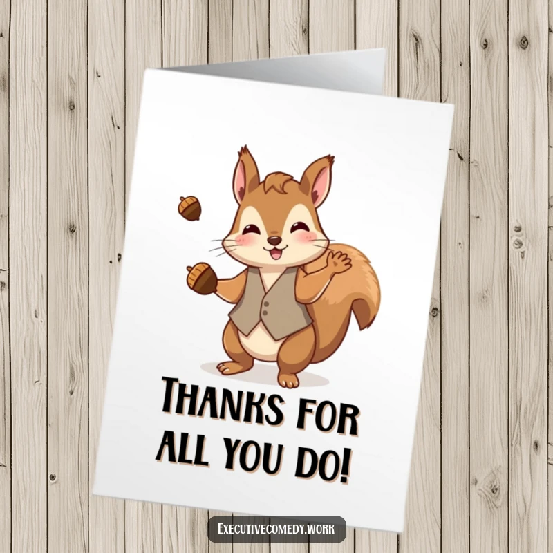Funny Free Printable Thank You Card: A playful squirrel in a waistcoat skillfully juggles acorns, offering thanks.
