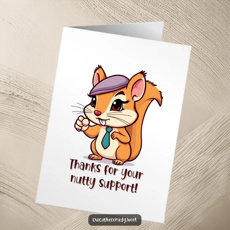 Funny Free Printable Thank You Card: Squirrel in a business hat points, directing thanks for your hard work and dedication.