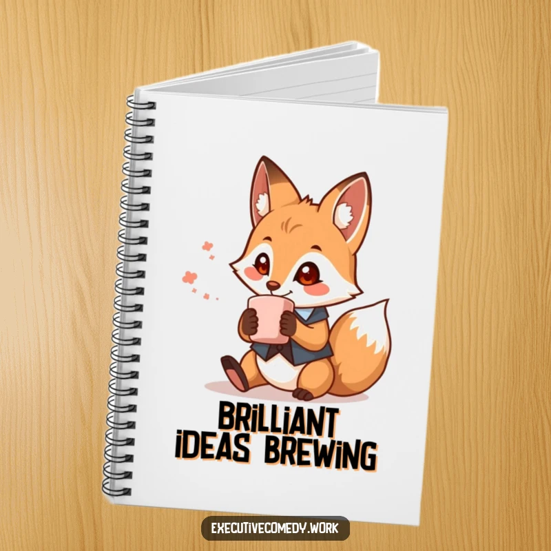 Notebook with a funny fox in a waistcoat holding a coffee mug on the cover, ideal for journaling and funny gift-giving.