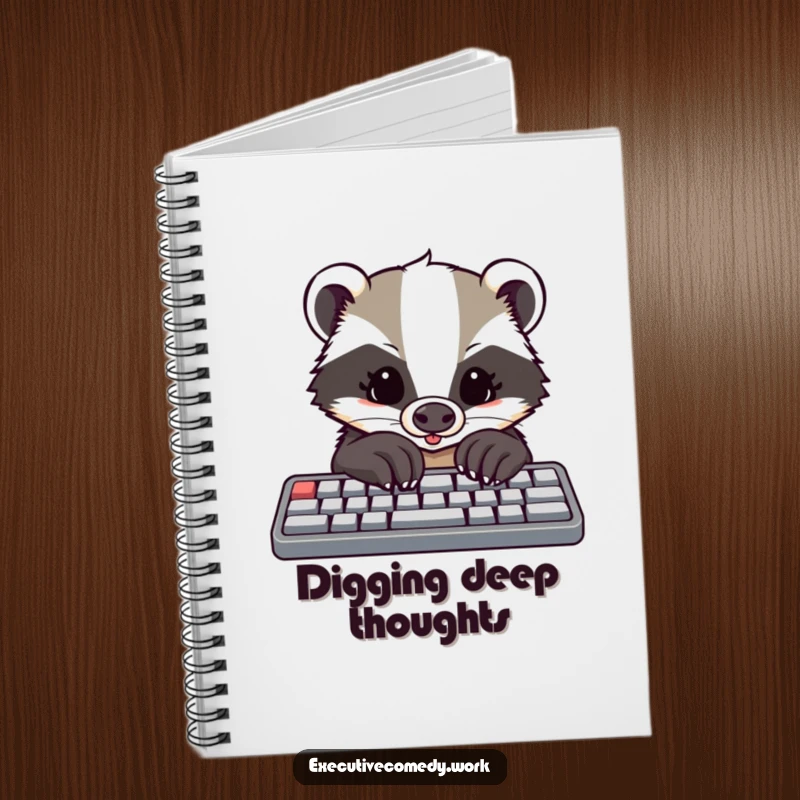 Funny notebook cover featuring a determined badger with large paws typing on a keyboard, designed for logging ideas.