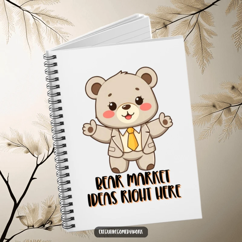 Funny bear cub in a suit and tie, enthusiastically presenting its readiness to jot down notes in a business notebook.