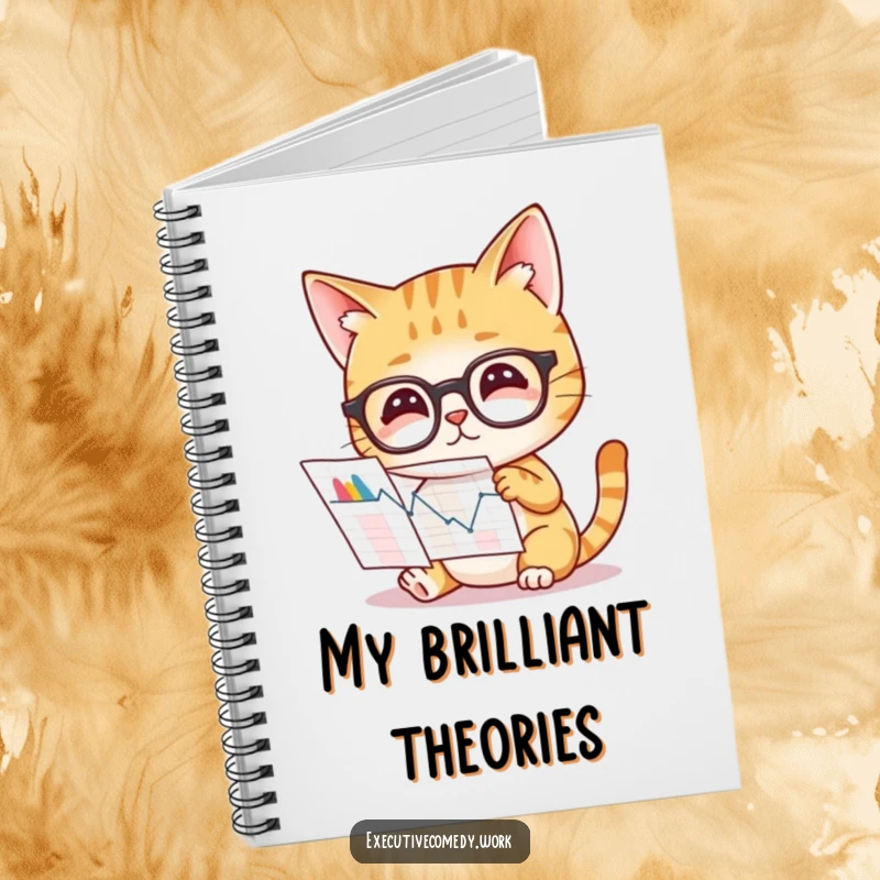 Funny notebook cover featuring a curious cat wearing glasses, studying a complex graph, designed for logging insights.