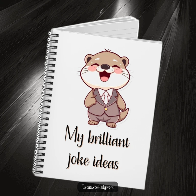 Funny otter in a tiny suit, laughing heartily while ready to record notes in a cheerful notebook.