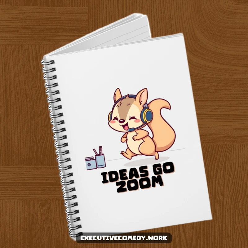 Funny notebook cover featuring a playful squirrel in a headset rushing across a desk, designed for jotting down ideas.