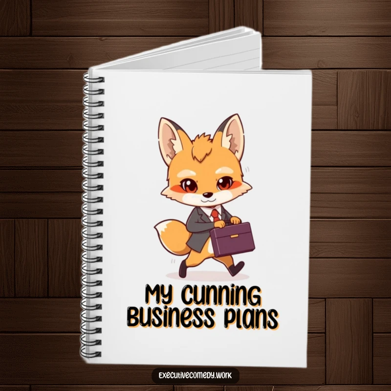 Funny determined fox cub holding a briefcase, striding purposefully across the cover of a business notebook.