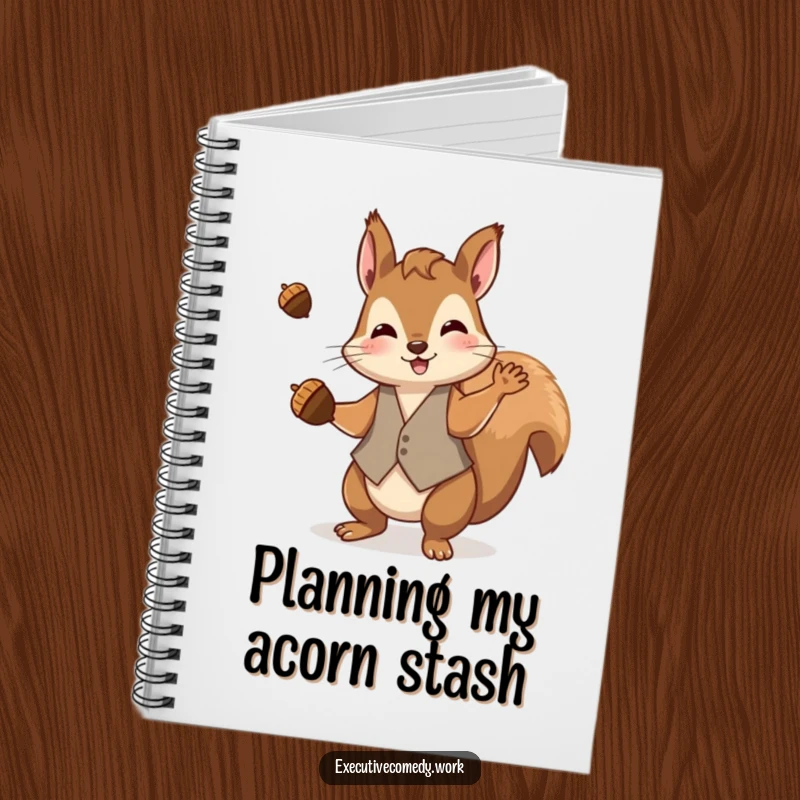 Funny squirrel wearing a waistcoat, juggling acorns on the cover of a playful notebook.