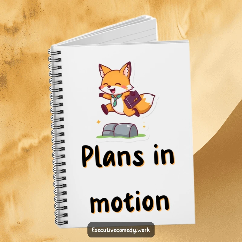 Funny notebook cover featuring a happy fox with a briefcase leaping over an obstacle, encouraging goal setting.