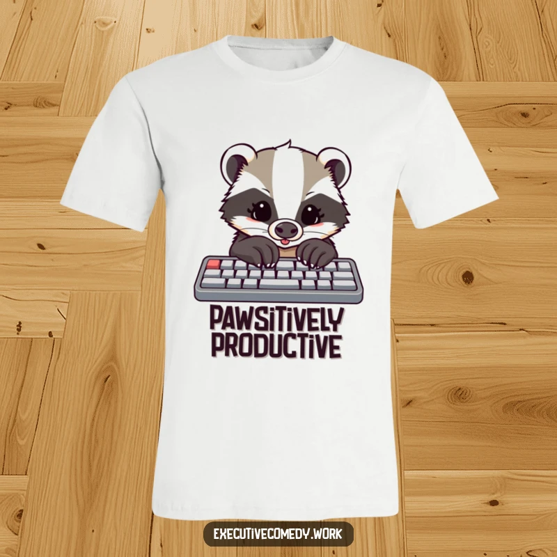 Funny T-shirt print of a determined badger with large paws enthusiastically tapping on a computer keyboard.