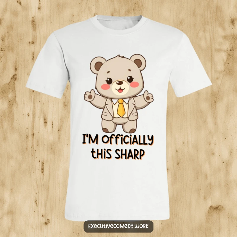 Funny cute bear cub wearing a tiny suit and tie, enthusiastically presenting its paws forward on a comfortable t-shirt.