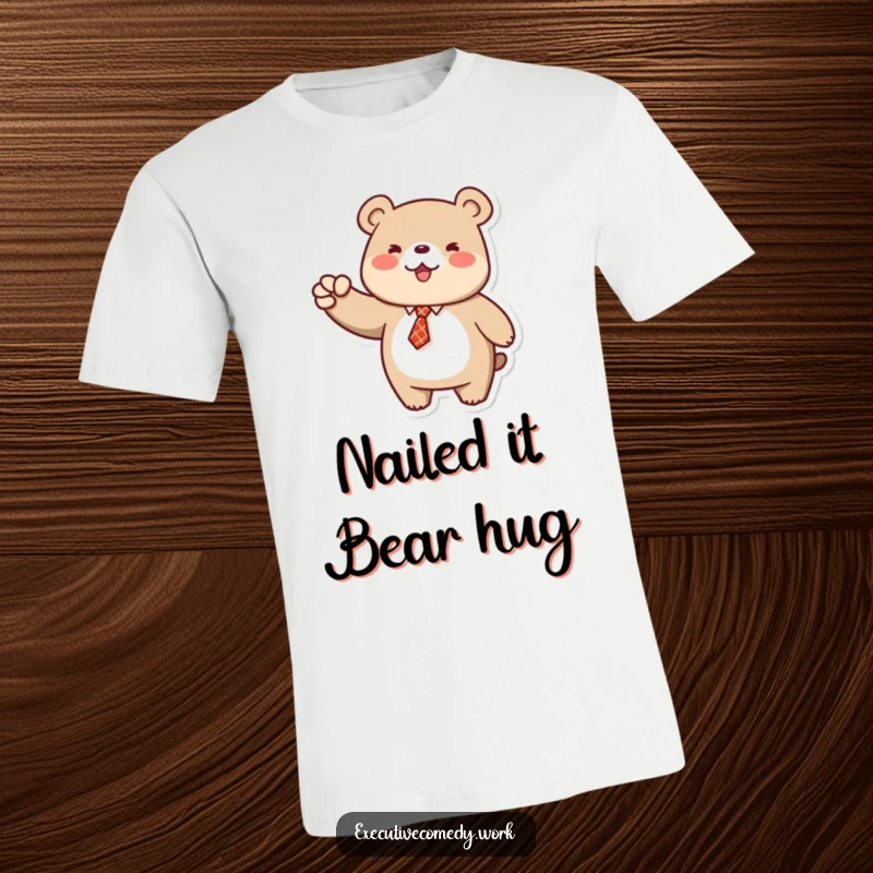 Funny T-shirt print of a jubilant bear in a small tie, energetically pumping its fist in a gesture of victory.