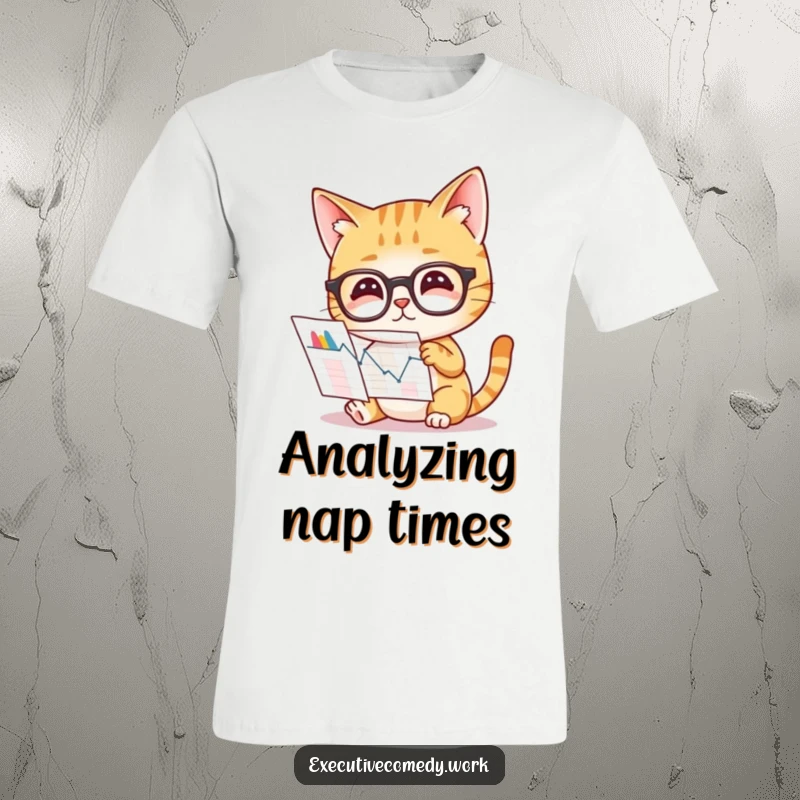 Funny T-shirt print of a curious cat wearing glasses, focused on analyzing a complex graph.