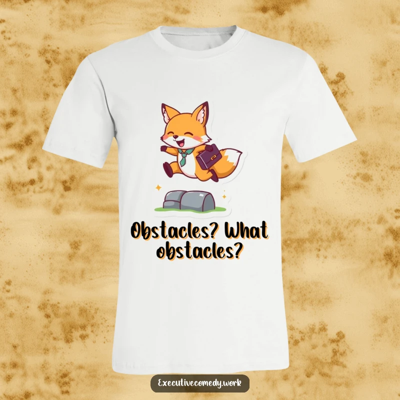 Funny T-shirt print of a happy fox with a briefcase mid-air, agilely jumping over a small obstacle with determination.