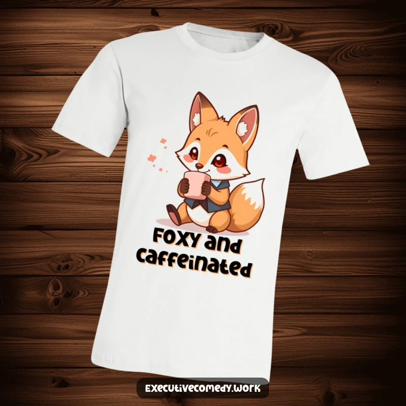 Funny fox wearing a tiny waistcoat and holding a coffee mug, printed on a t-shirt, expressing whimsical fashion and humor.