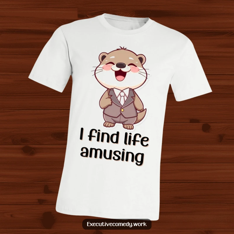 Funny otter wearing a tiny suit, laughing heartily with an open mouth and crinkled eyes on a soft t-shirt.